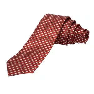 Red woven silk finish tie with geometric pattern for men