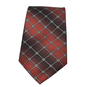 red silk finish tie with black and white geometric grid pattern for men