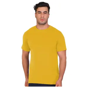 Male model wearing a plain mustard-yellow short-sleeve crew-neck cotton T-shirt