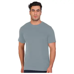 Male model wearing a plain grey crew-neck polyester T-shirt