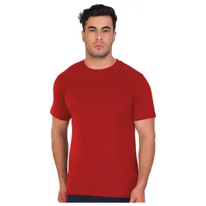 “Man wearing red polyester half-sleeve round-neck athletic T-shirt on white background”