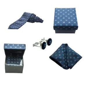 Men's navy blue tie set with sky blue dot pattern, includes tie, pocket square, cufflinks, and gift box – elegant formal accessories.