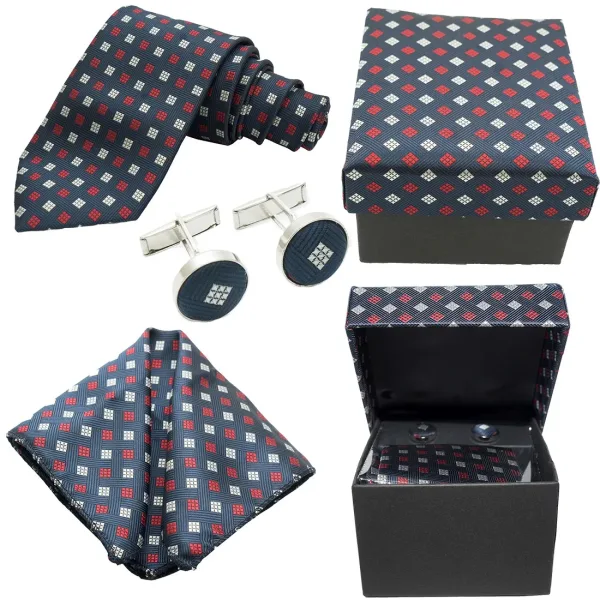 Luxury navy blue men's tie set with red and white checkered pattern, including cufflinks, handkerchief, and a matching gift box.