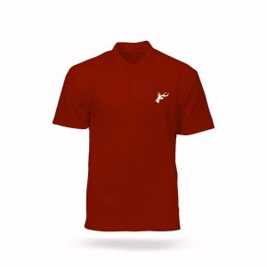 Customized red polo T-shirt with cotton-blended PC Matty fabric and personalized chest and back print