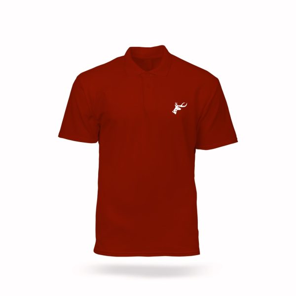 Customized red polo T-shirt with cotton-blended PC Matty fabric and personalized chest and back print