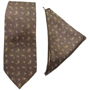 Brown Self Woven Paisley Necktie with Matching Pocket Square