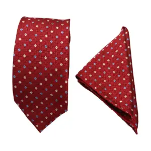 Premium Red Geometric Tie and Pocket Square Set for Men