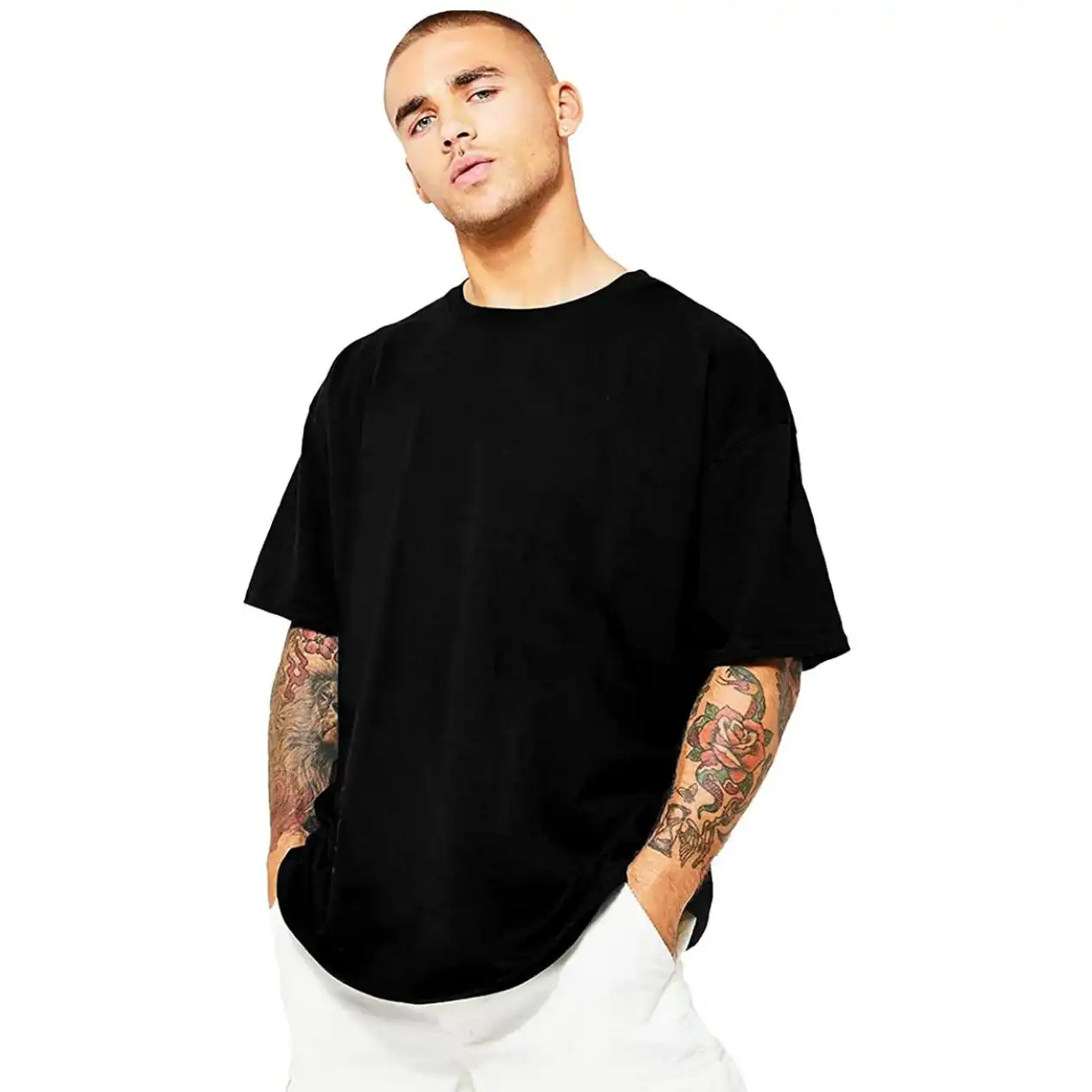 Men's Oversized Black Plain Round Neck Half Sleeve T-Shirt Front View