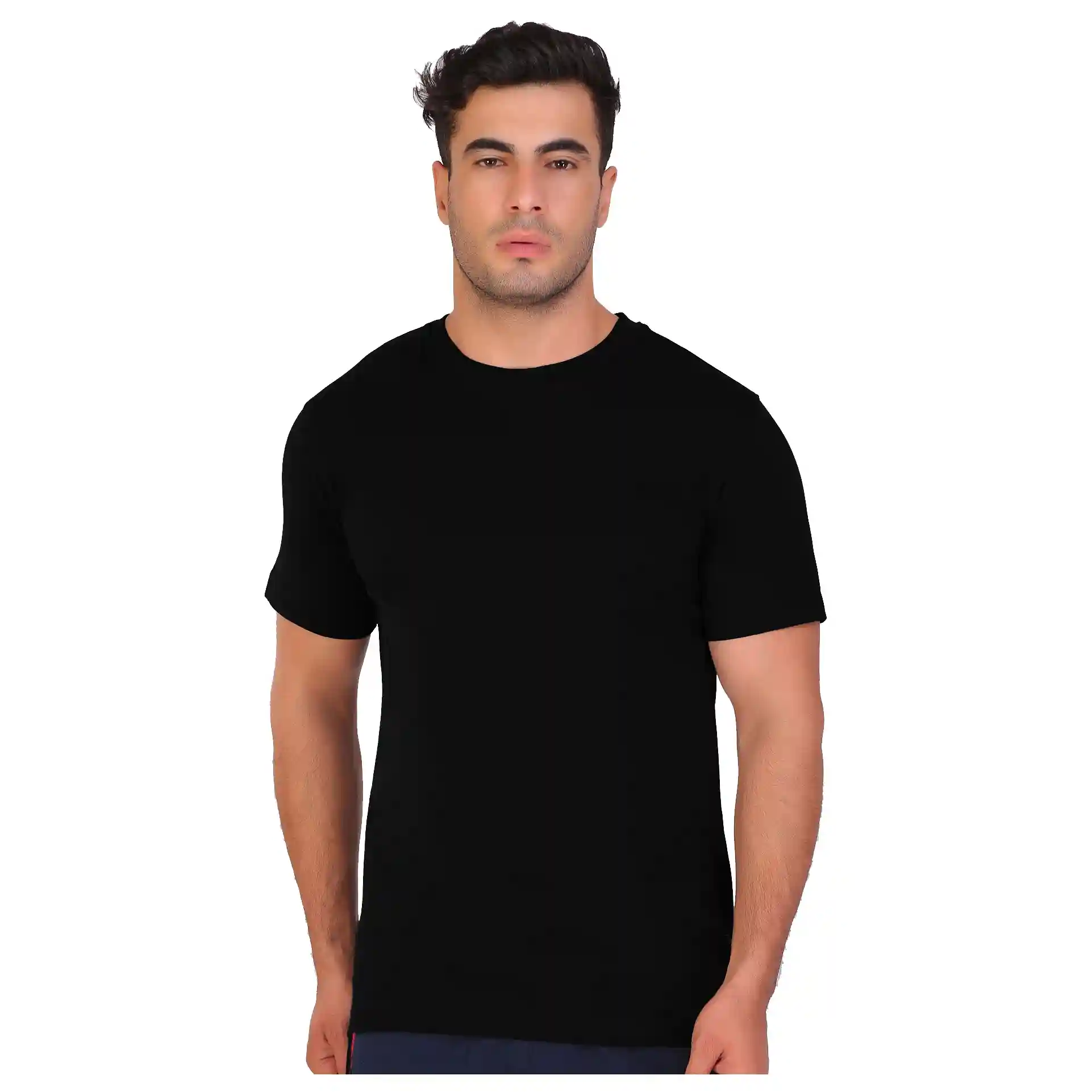Men's Black Round Neck Polyester T-Shirt Front View