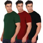 Men's Polyester Solid T-Shirt Combo Pack – Green, Maroon & Black Front View
