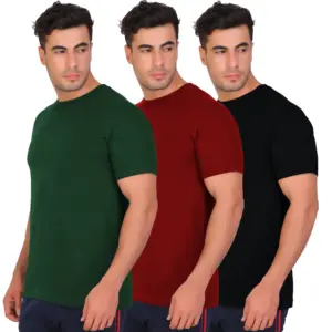 Men's Polyester Solid T-Shirt Combo Pack – Green, Maroon & Black Front View