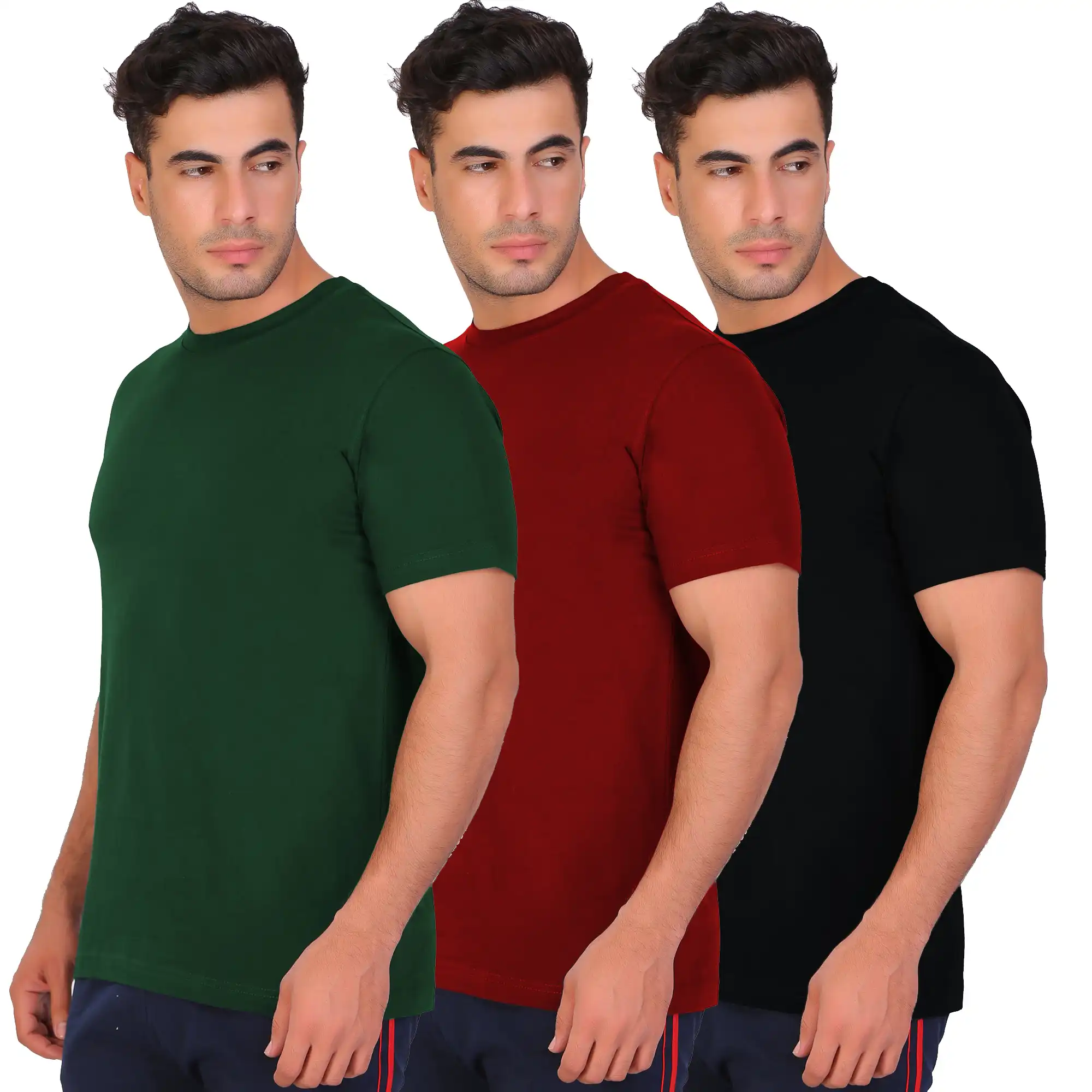 Men's Polyester Solid T-Shirt Combo Pack – Green, Maroon & Black Front View