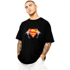 Men's Oversized Black Superhero Graphic T-Shirt Front View